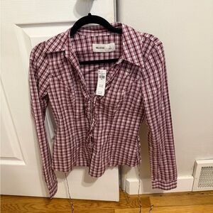 NWT Hollister Women's Burgundy Plaid Button Down Shirt
